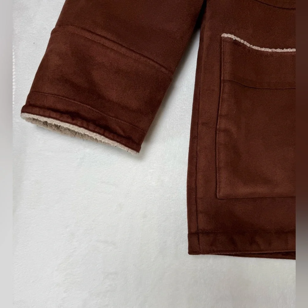 Ralph Lauren Duffle Coat Petite Medium Brown Faux Suede Sherpa Lined Hood Toggl